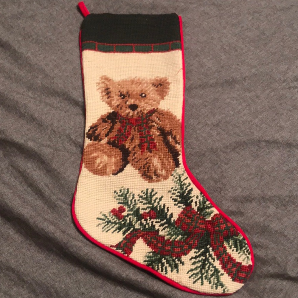 Vintage Knit Teddy Bear Christmas Stocking